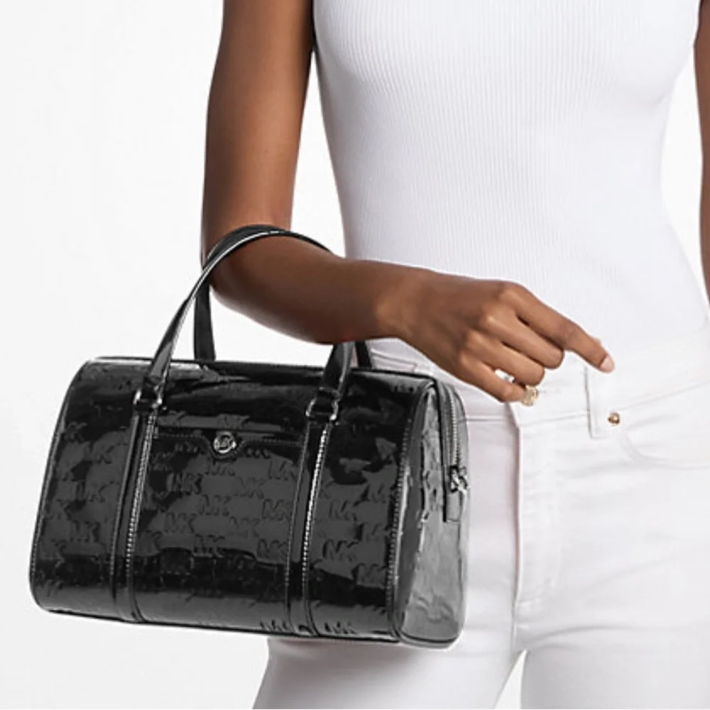 MICHAEL KORS Jet Set Medium Patent Logo Debossed Duffel Crossbody Bag Silver NWT